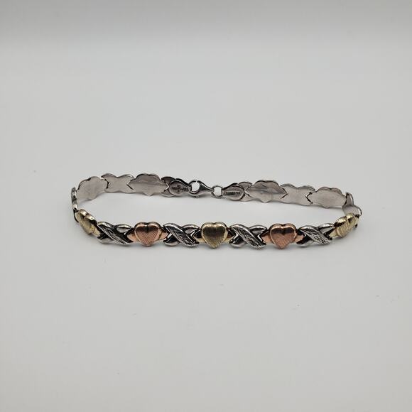 925 Sterling Silver Turkey Vermeil 10K Gold Hugs & Kisses Linked Bracelet 7.25 - Picture 2 of 8